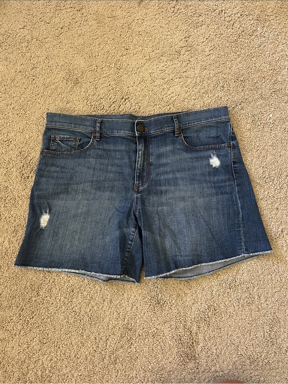 Loft Mid-Rise Distressed Denim Shorts in Blue